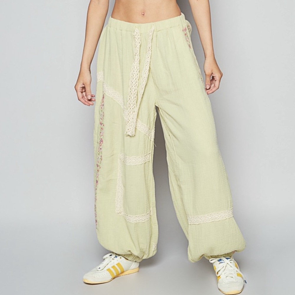 27. NWOT POL Pale Lime Embroidery and Crochet-Trim Wide Leg Jogger Pants